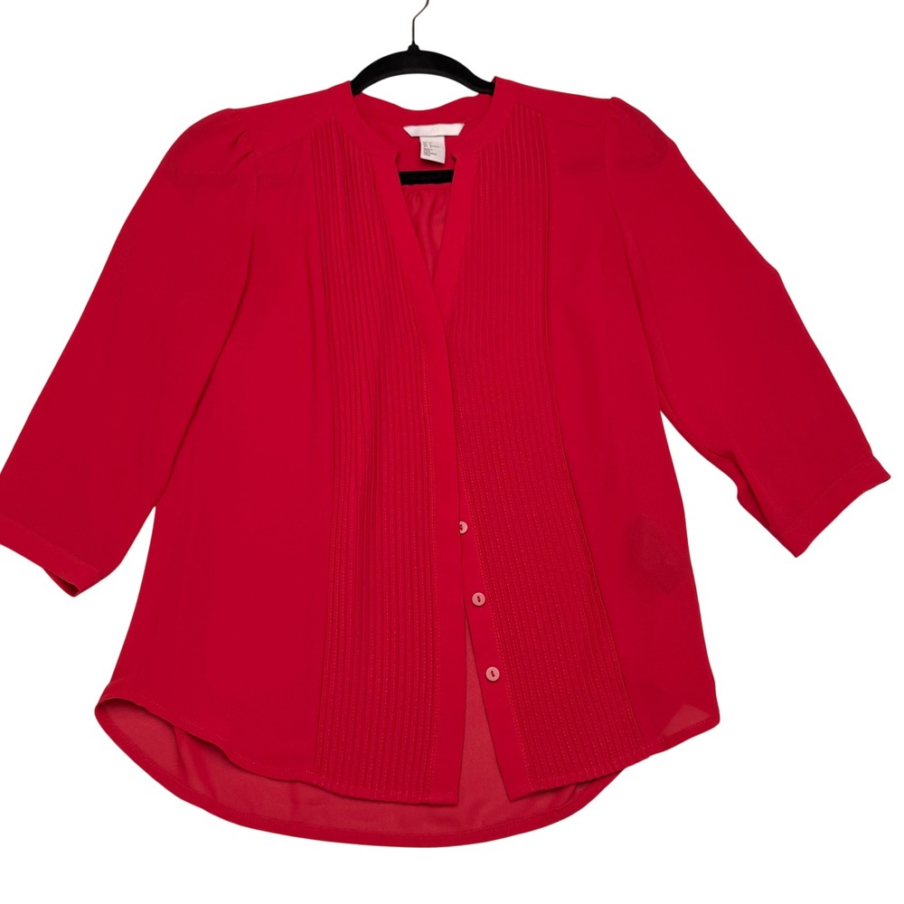 H&M Blouse Womens Sz 4  Red Pintuck Pleated 3/4 Sleeve Top Office Siren‎ Office